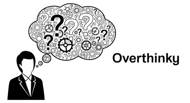 A person's silhouette with a thought bubble filled with question marks and gears, illustrating the concept of overthinking.