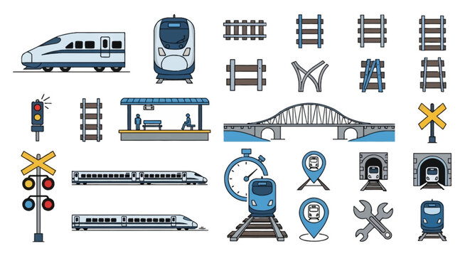 A comprehensive set of flat design icons and elements of train transport, including high-speed trains, railway tracks, bridges, tunnels, stations, signals, and maintenance tools.
