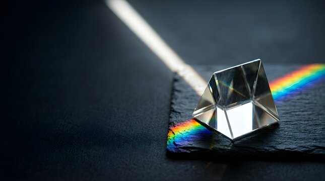 Light beam refracting through a glass prism creating a rainbow spectrum