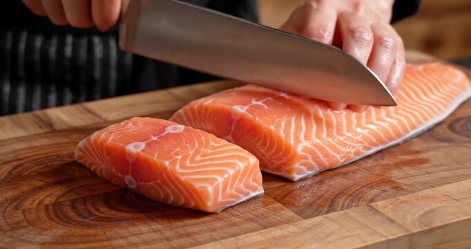 Hands cutting salmon fillet on wood.