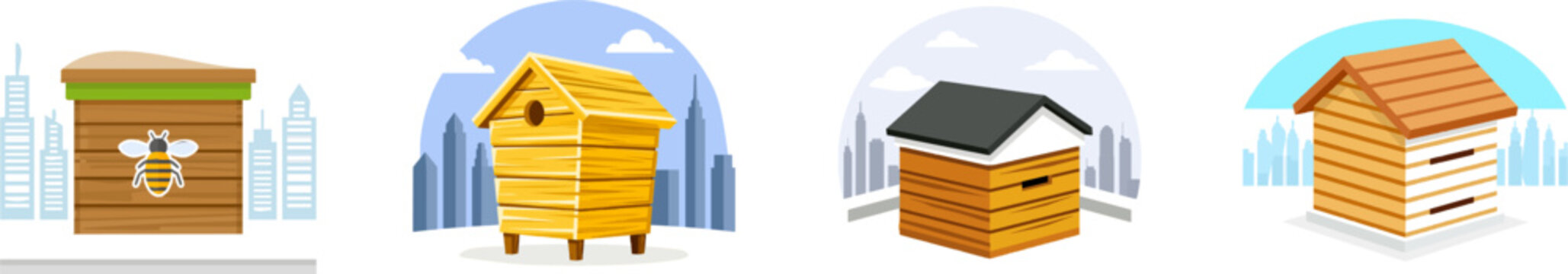 A minimalist wooden beehive with a bee icon stands on an urban rooftop, surrounded by simplified skyscraper silhouettes in an isometric view, set against a honey yellow background with sky blue and