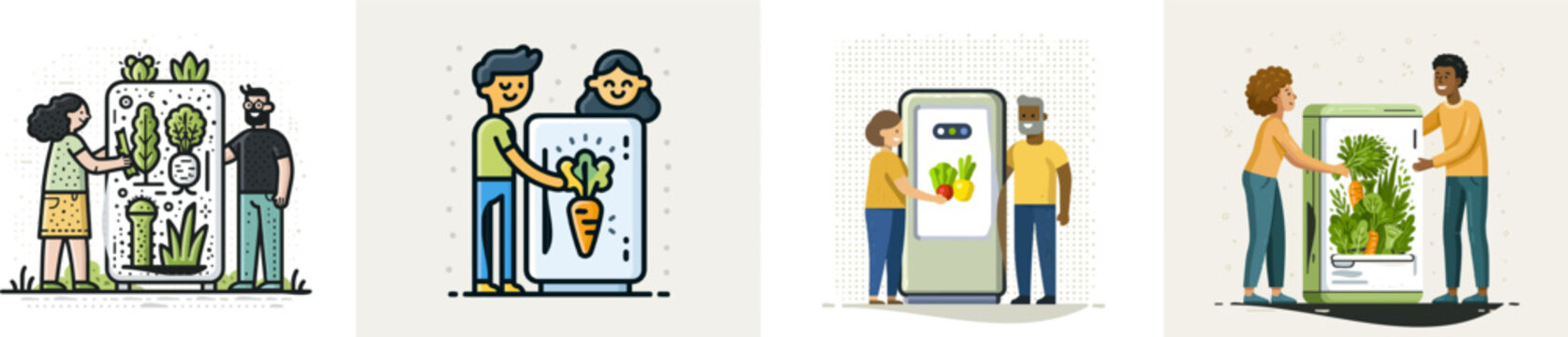A community refrigerator on a sidewalk is filled with fresh vegetables as neighbors smile and interact in this vibrant illustration