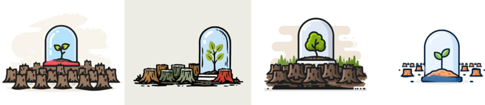 A single sapling stands protected under a glass dome amidst rows of deforested tree stumps in this flat vector illustration