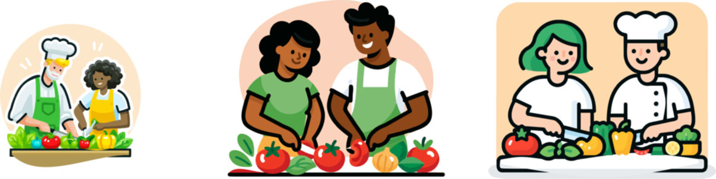 A chef instructor guides two students as they skillfully cut fresh vegetables on a table adorned with vibrant produce under warm lighting