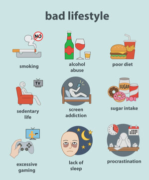 Vector Infographic Set of Bad Lifestyle Habits and Unhealthy Daily Routines Isolated on Light Background