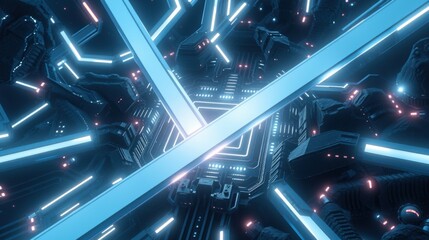 Fototapeta premium Futuristic interior, glowing blue lines, complex circuitry. Dark background emphasizes bright neon elements, creating digital space.