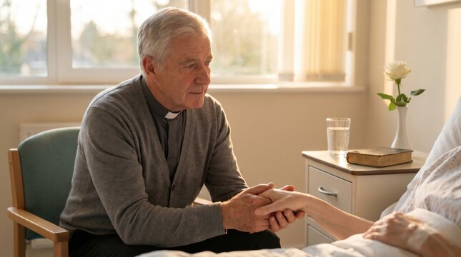 Caring Priest Comforting a Sick Patient in Hospital Room.