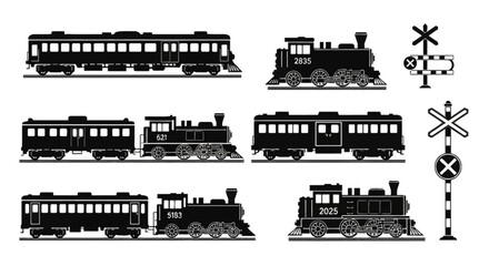 Fototapeta premium Collection of vintage steam locomotives and train cars, along with railway crossing signals, presented in a black and white silhouette style.