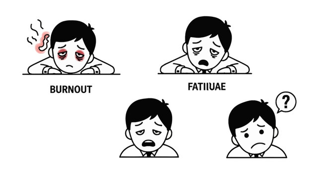 Illustration depicting four stages of mental and emotional exhaustion: burnout, fatigue, sadness, and confusion.