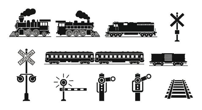 Collection of black and white silhouette icons representing various elements of a railway system, including trains, tracks, and signals.