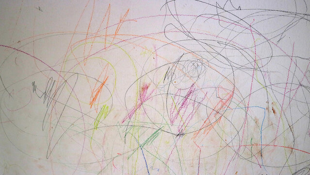 Abstract colorful crayon scribbles on white paper, chaotic childlike drawing background with random lines and swirls, playful creative texture