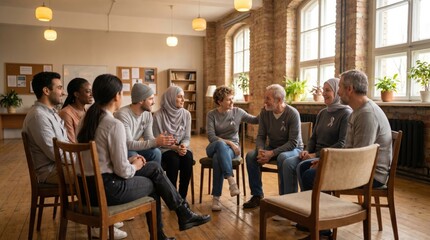 Obraz premium Diverse Group of People Sitting in a Circle for a Support Group Meeting.