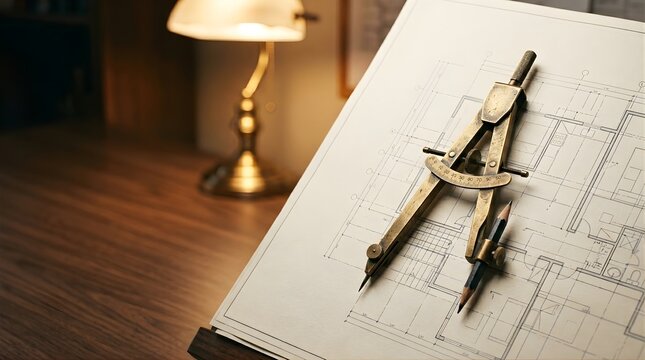 Vintage brass drafting compass on architectural blueprints at a desk