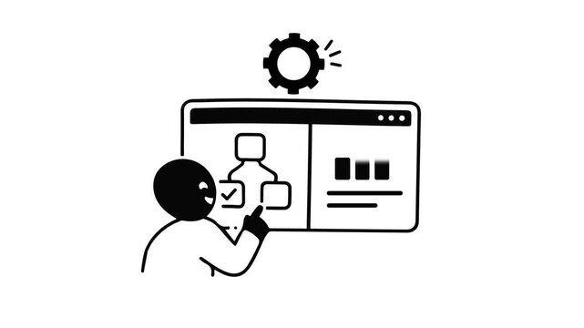 Animated stick figure pointing at a digital dashboard interface with a flowchart diagram, bar graph analytics, and a spinning gear. Minimalist black and white doodle animation for data analysis.