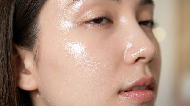Glass skin water droplet serum for glowing complexion, smooth texture, hydrated healthy youthful skincare, closeup of natural beauty, radiant fresh appearance, moisture, and hydration