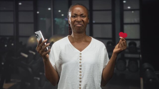 Woman holds smartphone and pinches a small red heart between fingers while standing in a fitness studio; disgust rejection.