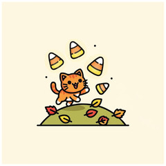 Obraz premium Cute orange cat playing with candy corn and autumn leaves.