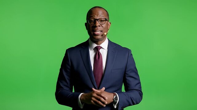 Professional Black Man in Suit Gesturing on Green Screen Background.
