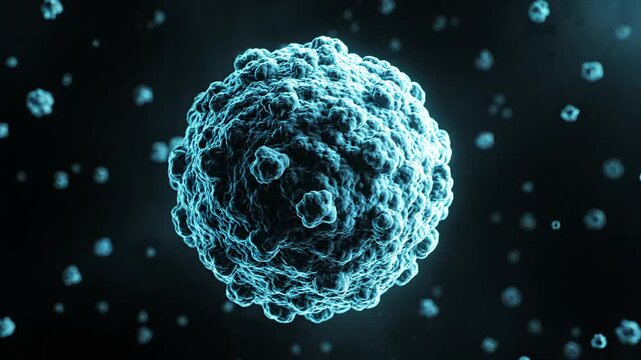 3D virus particle floating in dark microscopic space, science and medical research concept with glowing cyan detail, 4K cinematic footage