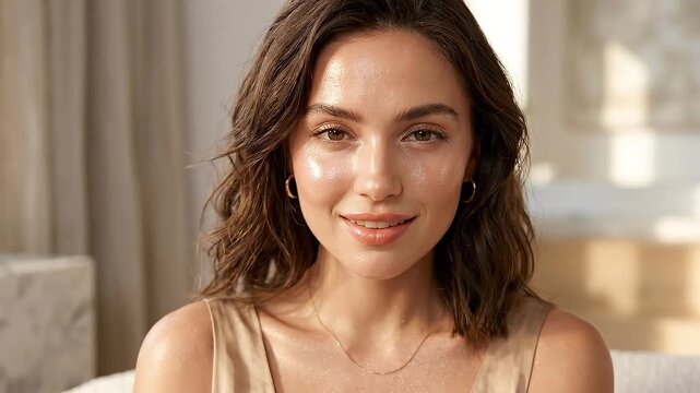 Radiant woman with glowing skin, natural makeup, healthy complexion, and soft brown hair indoor sunlight, luxury beauty and cosmetic advertising, showcasing youthful, elegant, and serene style
