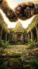 Fototapeta premium Tiger paws above ancient temple ruins in jungle