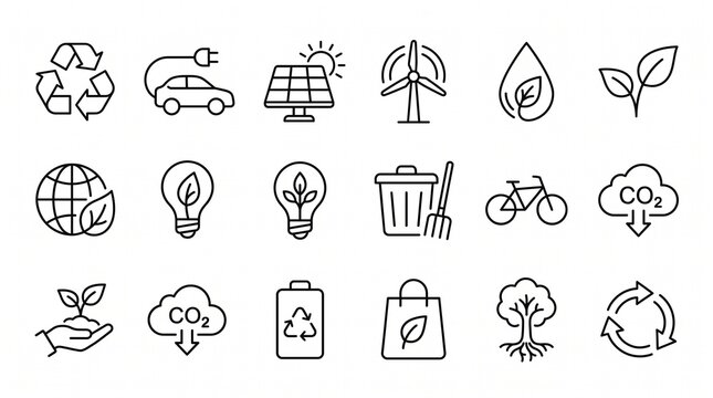 Eco Friendly and Sustainable Environment Line Icons Set - Green Energy, Recycling, and Ecology Symbols Collection