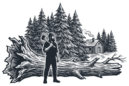 Vector illustration of a bearded lumberjack holding an axe standing near a huge fallen tree. Vintage engraving style landscape with pine forest and cabin.