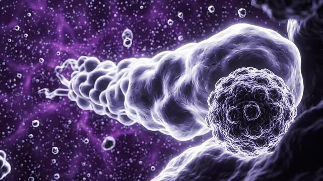 Hantavirus particles drifting through purple microscopic space in a cinematic 3D medical animation, highlighting infection, science, and disease research in 4K