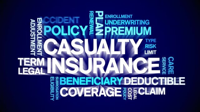 Casualty insurance animated word cloud-text design animation tag kinetic typography seamless loop.