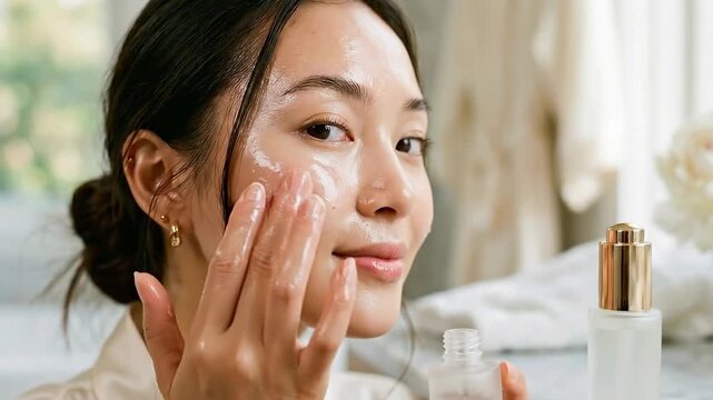 Woman applying facial serum for glowing skin and natural beauty, moisturizing healthy complexion with luxury skincare routine, self care indoors, fresh flowers, bright bathroom, and morning light