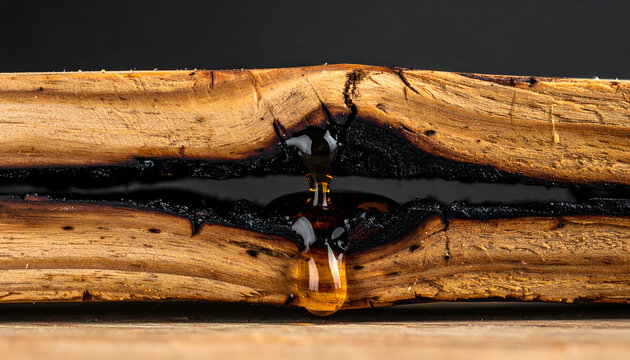 Charred oak stave macro view showing alligator skin texture with a single drop of amber whisky clinging to a deep crack generative AI