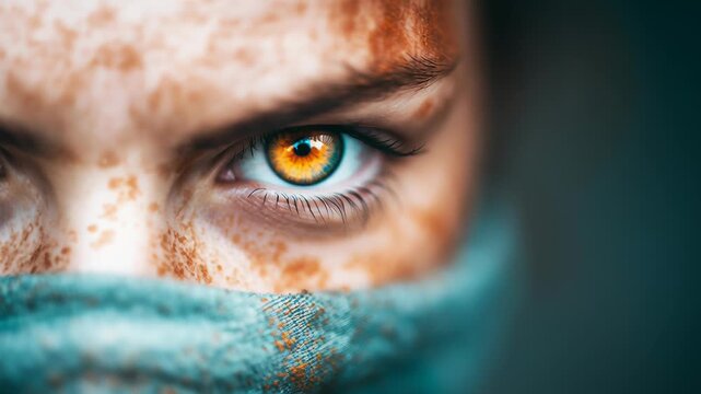 Close up of freckled human face with intense amber eye and teal fabric covering lower face, creating mysterious captivating look and emotion