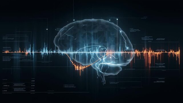 Digital brain illustration with colorful waveform data and futuristic neural interface technology showing analysis and visualization of neural