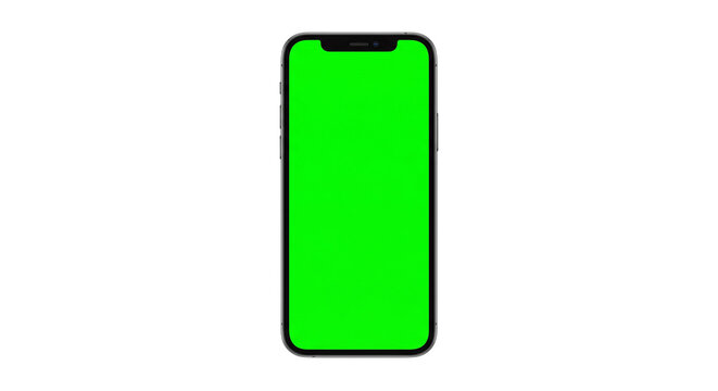 Modern smartphone with green screen on white background, isolated device mockup