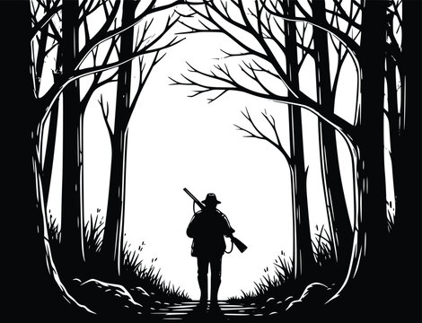 Hand Drawn Hunter Silhouette Walking in Dark Forest Vector Illustration