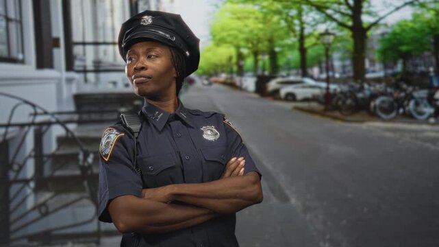 Young african american police officer wearing a badge, hat and radio, arms crossed while standing on a tree lined street with parked bicycles and stoop visible; confidence duty.