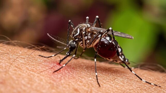 Tracking macro shot of mosquito feeding on human arm skin with visible blood engorgement in outdoor garden close up