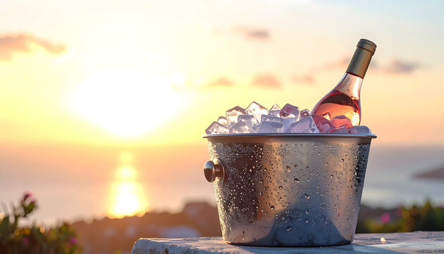 Silver ice bucket with melting ice and pink ros&eacute; wine bottle sweating with condensation against a mediterranean sunset background generative AI