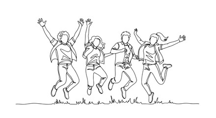 Fototapeta premium Continuous Line Drawing of Group of Happy Friends Jumping in Celebration and Joy