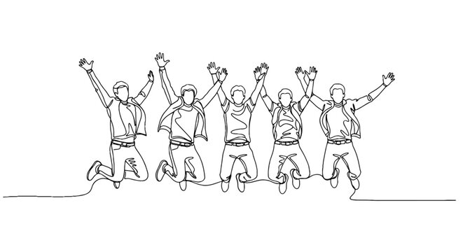 Continuous One Line Drawing of Five Happy Men Jumping in Celebration and Success