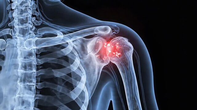 3D medical render of human shoulder joint with red glowing pain on black background