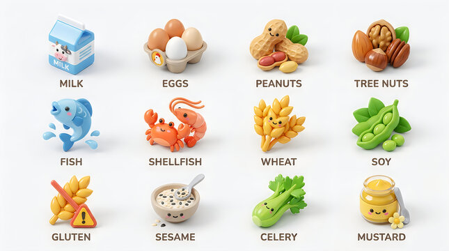 3D illustration of common food allergens including milk eggs peanuts tree nuts fish shellfish wheat soy mustard celery sesame gluten vector icons