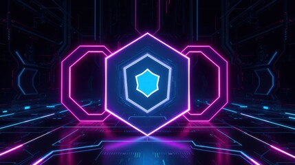 Fototapeta premium Futuristic tunnel, glowing neon lights, hexagonal shapes dominate scene. Dark background emphasizes vibrant colors, creating digital aesthetic.