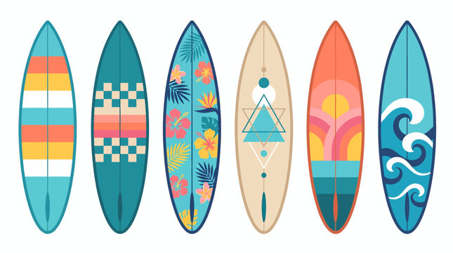 Flat design tropical surfboard vector icons with floral and wave patterns