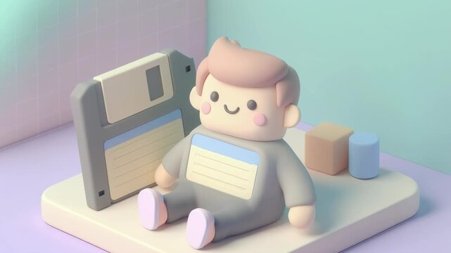 Cute 3D stylized character sitting next to a vintage floppy disk, soft pastel studio background with smooth animation style, high quality digital art for technology and retro computing themes.