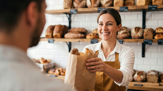 Smiling female baker handing a paper bag with fresh bread to customer in bakery shop. 