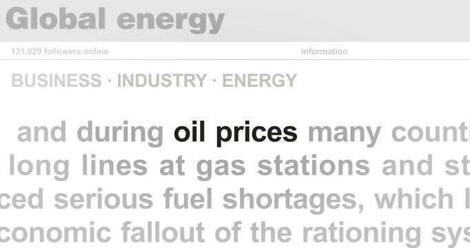 Oil prices and fuel costs headline news across international media. Abstract concept of internet news titles on screens loop. Seamless and looped animation.