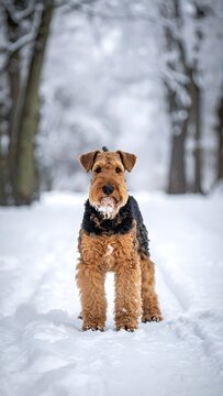 Airedale Terrier dog in snowy forest.