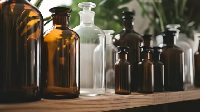 Vintage glass bottles on wooden shelf