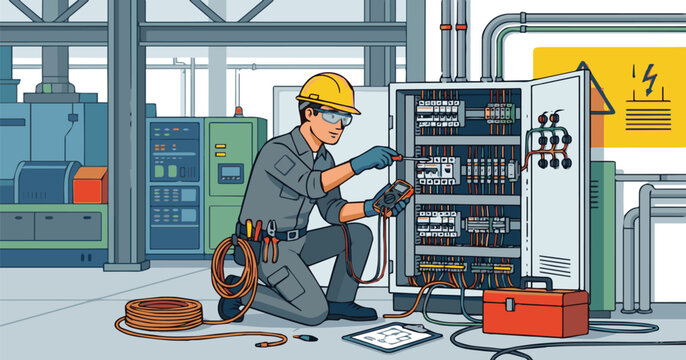 Electrician inspecting electrical panel with tools
